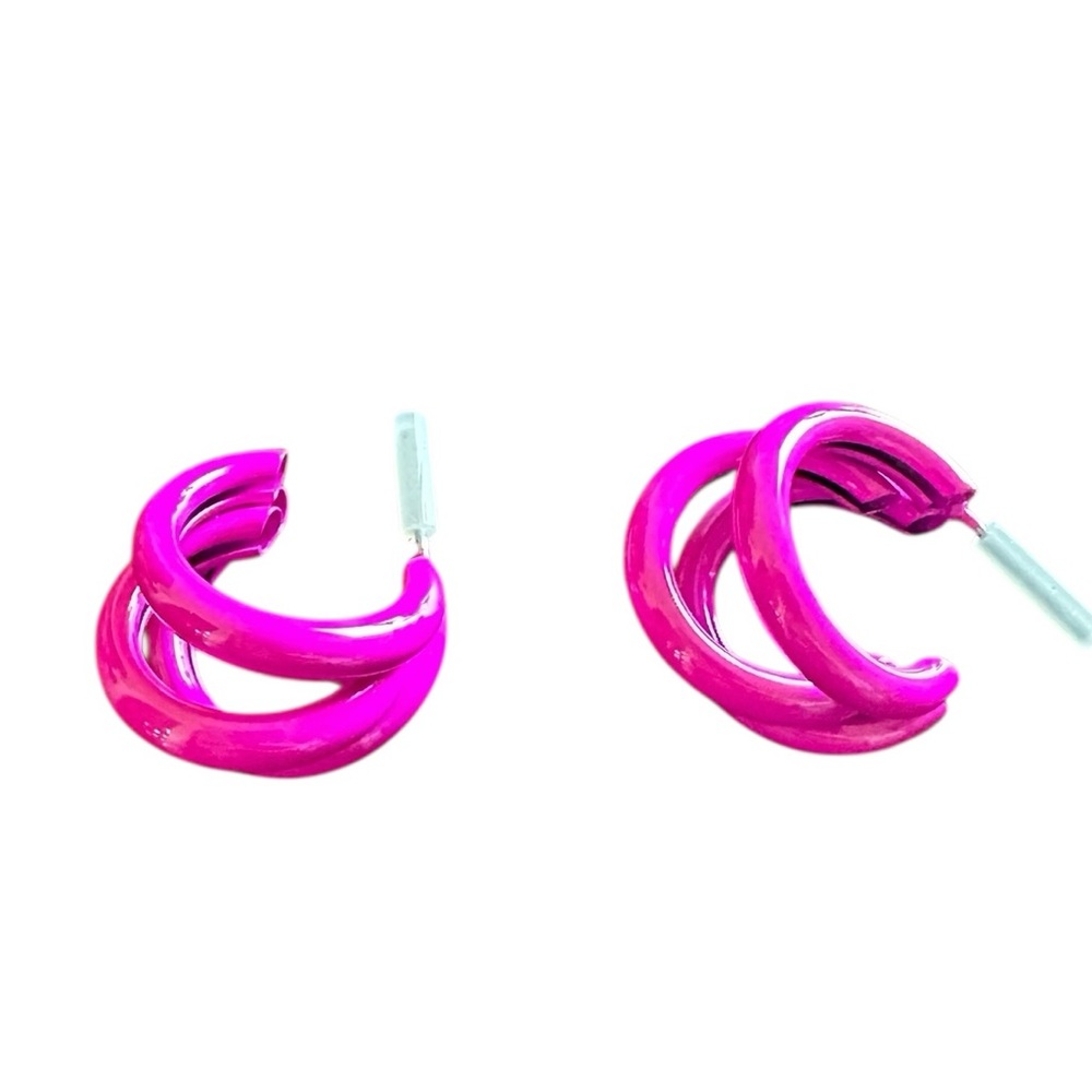 Geometric C Shaped Fuschia Hoop Earrings